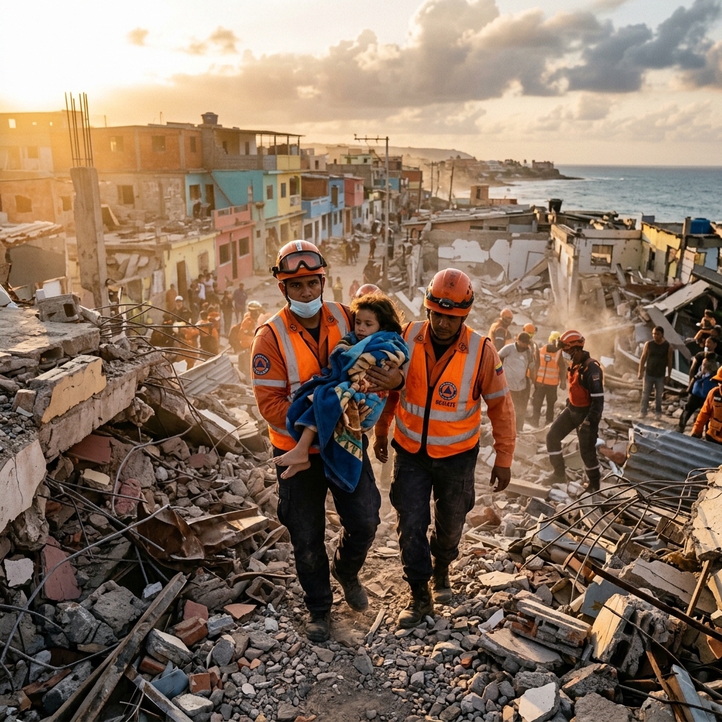 Rescatistas sacan a un niño entre los escombros del terremoto en Venezuela